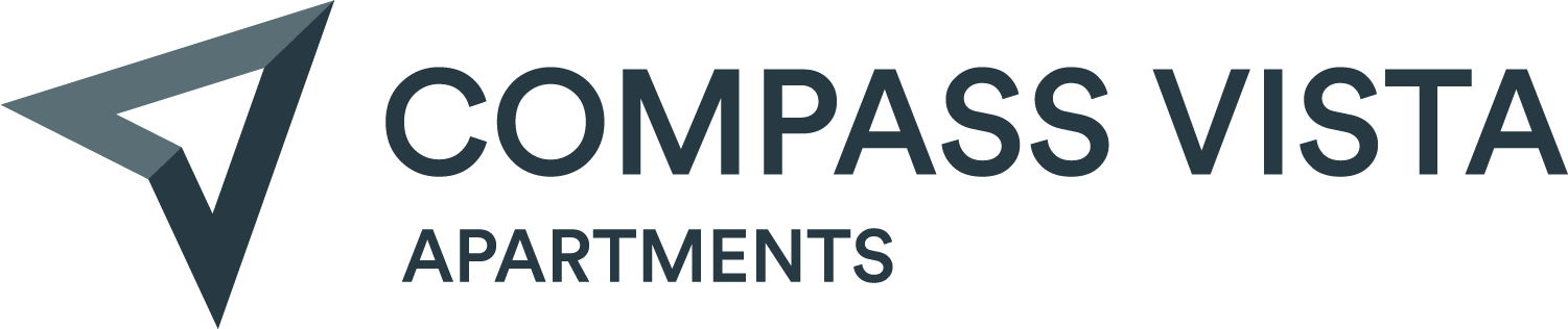 A logo with a check mark for Compass Vista Apartments.